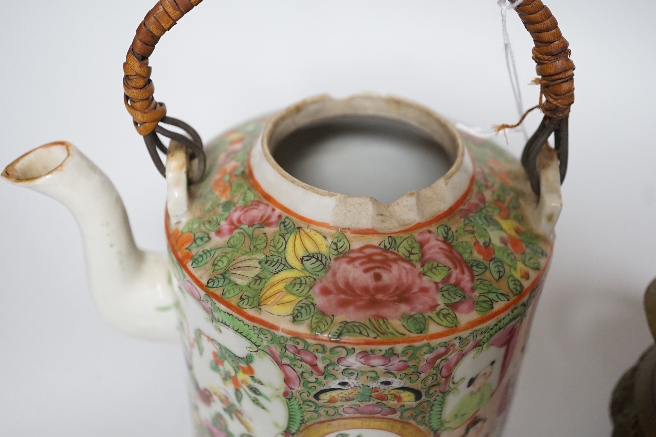 A pair of Chinese celadon ground famille rose plates, a Chinese famille rose tea pot and a bronze censer, plates 26cms diameter